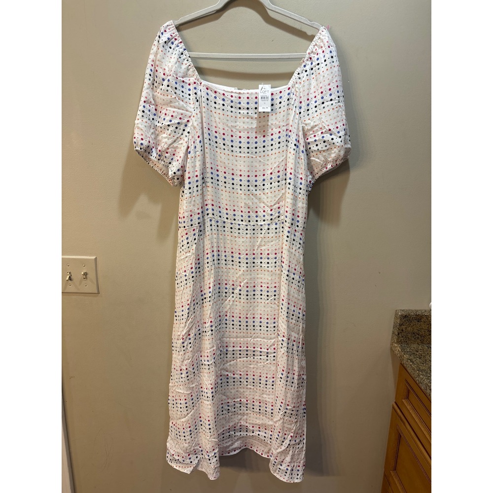 NWT Loft Outlet White Multi Color Polka Dot Puff Sleeve Midi Dress Size 16